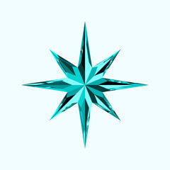 Turquoise Crystal Eight Pointed Star. Beautiful blue geo sign icon, wind rose, Christmas Star. Decor for Greeting Cards, Christmas tree, Banners, Posters, Invitations, Birthdays, Awards