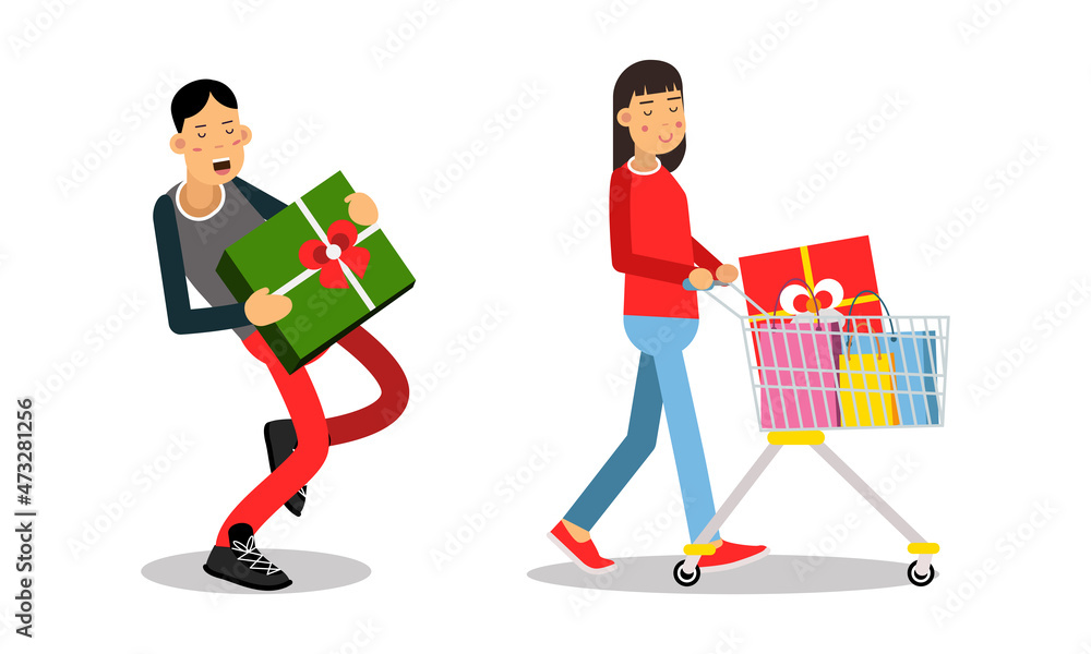 Sticker People carrying shopping bags and boxes with purchases set. Happy customers taking part in seasonal sale at store vector illustration