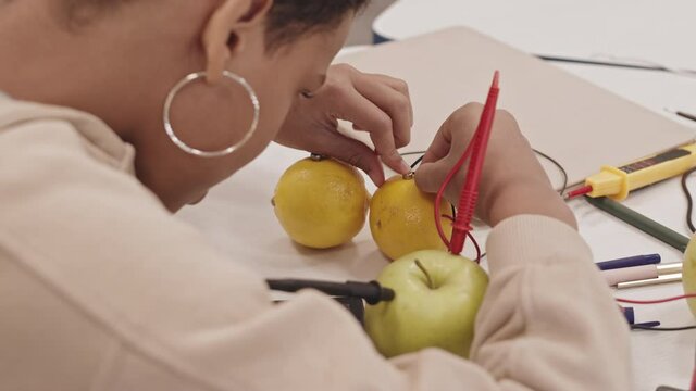 Over-shoulder of cropped female secondary school student sitting at desk, wiring lemons and apples for electrodynamics experiment in class
