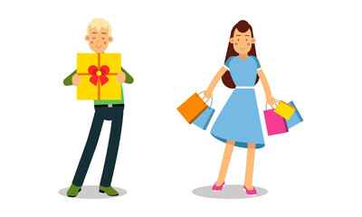 People carrying shopping bags and gift boxes. Man and woman taking part in seasonal sale at store, mall vector illustration
