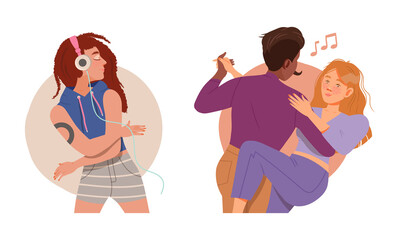 Obraz premium Young people listening to music and dancing set vector illustration