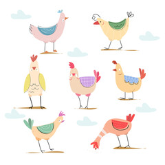 Various cute chickens flat icon set,  isolated vector illustration collection. 