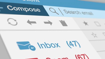 email client software interface, close-up view,number counter for inbox and spam emails, concept of online scam, phishing and malware (3d render)