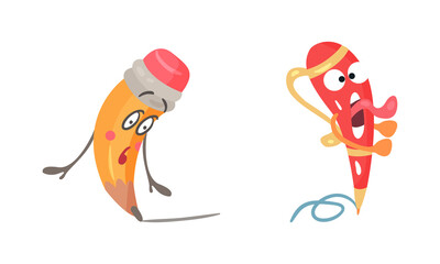 Pencil and pen characters set. Cute stationery tools with funny face expression cartoon vector illustration