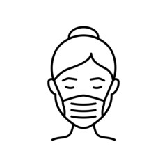 Woman in Medical Face Mask Line Icon. Wear Respirator against Air Pollution, Virus, Allergy and Dust. Face Protection Mask Cover Nose and Mouth of Girl. Editable stroke. Vector illustration