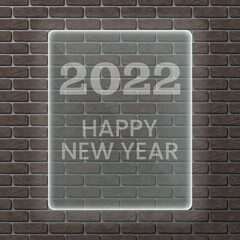 Happy New Year 2022 on a brick wall. Vector illustration of a brick wall with a illuminated glass plaque and a congratulatory inscription.