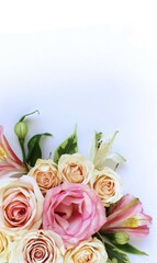 A chic festive bouquet of light pink and orange roses on a white background. Background for greeting cards, invitations, greetings.