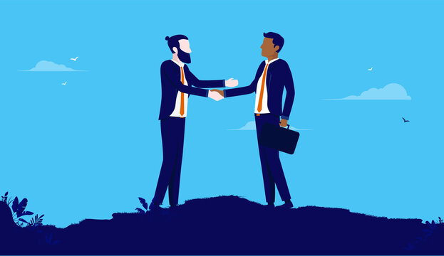 Businessmen handshake - Two people of different ethnicity shaking hands over deal and agreement. Flat design with blue background vector illustration