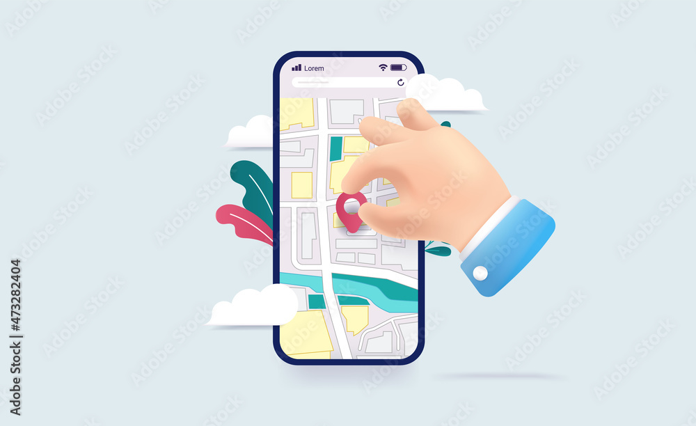 Poster map app on phone - smartphone with hand putting geotag on screen. vector illustration