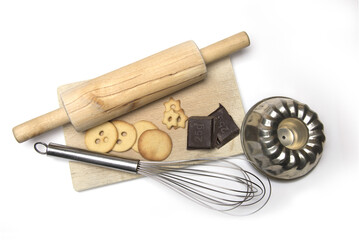 Wooden board baking utensils cookies cooking chocolate