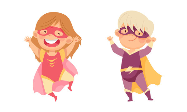 Smiling little boy and girl wearing superheroes costumes set. Kids having fun at carnival or birthday party cartoon vector illustration