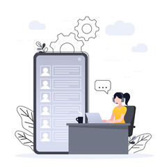 Customer Support concept design, Operator with headset doing live feedback, hotline operator advises client, Suitable for web landing page, ui, mobile app, banner template. Vector Illustration