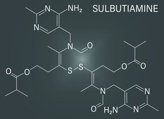 Sulbutiamine asthenia drug molecule. Also used in nutritional supplements. Skeletal formula.