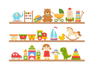 Obraz premium Kids toys on wooden shelves. Teddy bear, train, car, doll, dino, cubes, elephant, rocket, boat, xylophone, pyramid. Vector illustration for store, shop, kindergarten, childrens room. White background
