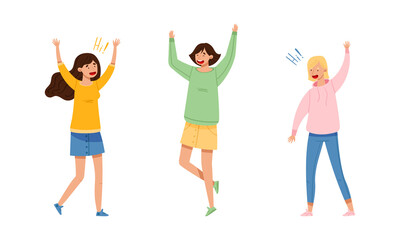 Fototapeta premium Young people waving hands and saying hi set. Happy friends or students raising hands doing greeting gesture cartoon vector illustration