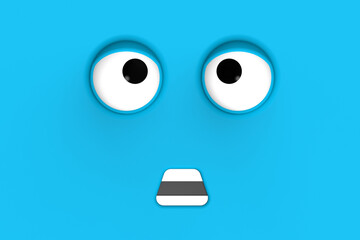 Blue face of cute character. Cute face. Horizontal image. Surprised face. 3D image. 3D rendering.