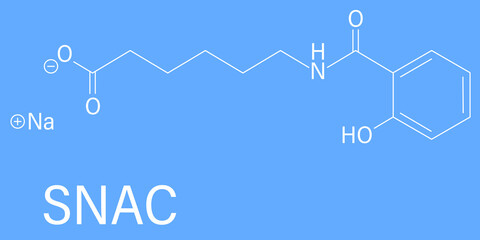 Sodium salcaprozate (SNAC, sodium N-[8-(2-hydroxybenzoyl)amino] caprylate) oral absorption promoter. Used to increase the bioavailability of macromolecules, including heparin. Skeletal formula.