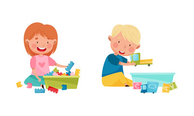 Fototapeta premium Cute smiling little boy and girl sitting on floor and playing with toys cartoon vector illustration