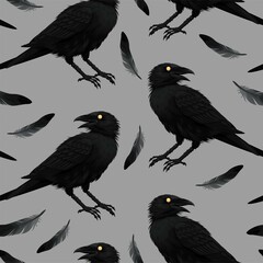 Vector seamless pattern with raven and feathers