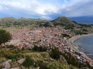Storm over the small tourist Bolivian town of Copacabana on Lake Titicaca
