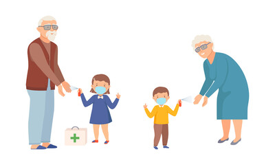 Little kids in face mask spraying hands of grandpa and grandma with sanitizer vector illustration