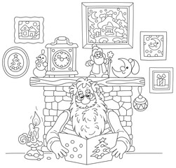 Santa Claus sitting by his fireplace and reading an illustrated letter with a list of holiday gifts from a child on a winter evening, black and white vector cartoon illustration for a coloring book