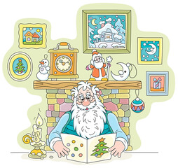 Santa Claus sitting by his fireplace and reading an illustrated letter with a list of holiday gifts from a child on a winter evening, vector cartoon illustration isolated on a white background