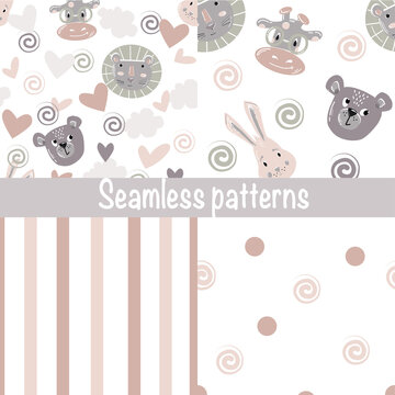 Vector set of seamless pattern with animal face bear and rabbit, lion, giraffe in Scandinavian style for fabrics, paper, textile, gift wrap isolated on white background for kids room or textile