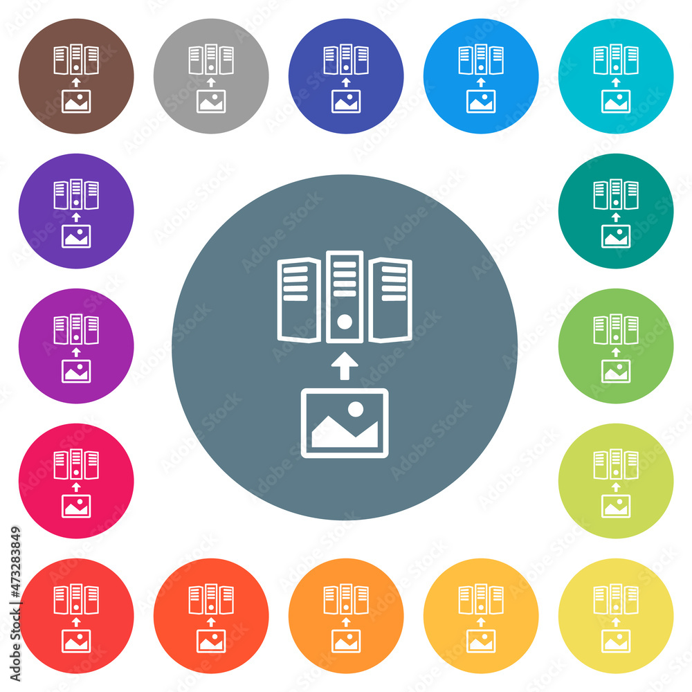 Poster upload image to server outline flat white icons on round color backgrounds