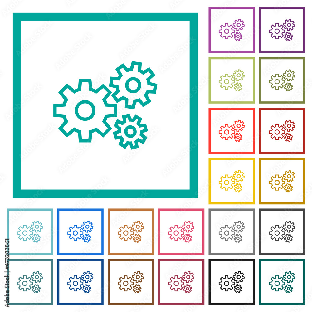 Poster gears flat color icons with quadrant frames