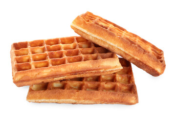 Three delicious Belgian waffles on white background