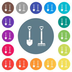 Shovel and rake flat white icons on round color backgrounds