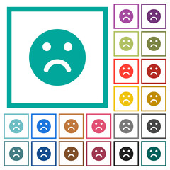 Sad emoticon solid flat color icons with quadrant frames