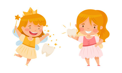 Little Tooth Fairy with baby tooth set. Lovely girls with wings holding magic wand cartoon vector illustration