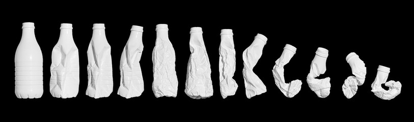  White plastic bottle isolated is deformed against an empty balck background. Ecology, recycling,...