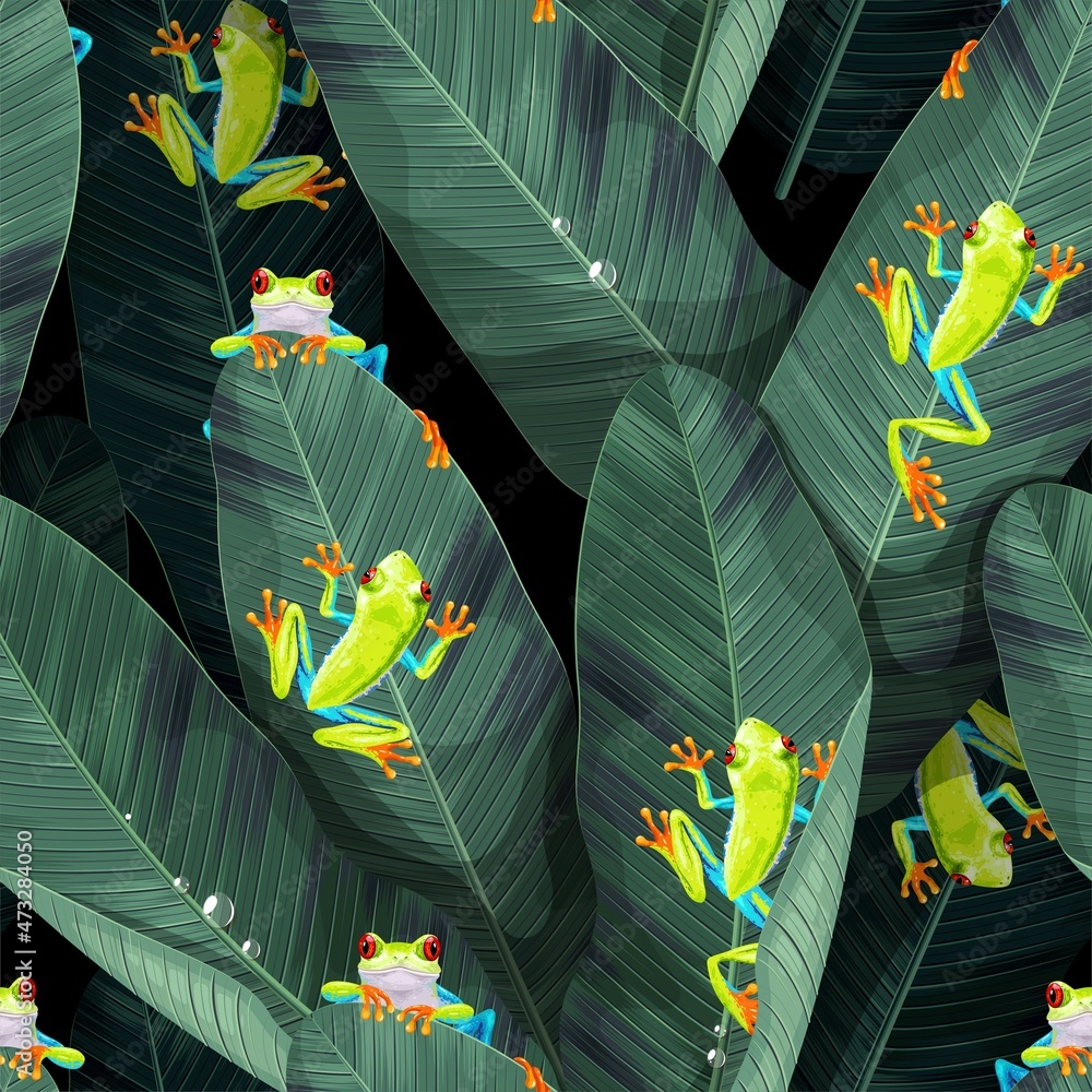 Wall mural Seamless pattern with tropical frogs and palm leaf