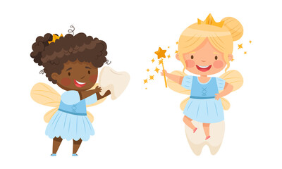 Lovely little Tooth Fairy in golden crowns with baby tooth set cartoon vector illustration