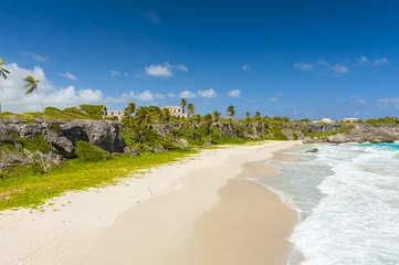 Foto op Plexiglas Harrismith Beach is one of the most beautiful beaches on the Caribbean island of Barbados. It is a tropical paradise with palms hanging over turquoise sea and a ruin of an old mansion on the cliff © Fyle