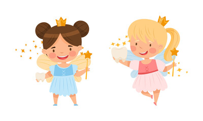 Happy little Tooth Fairy with baby teeth set. Lovely girls with wings wearing golden crown with magic wands cartoon vector illustration