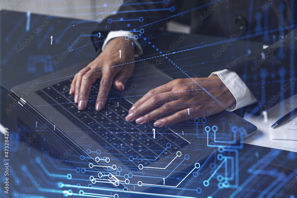 Poster woman typing the keyboard to create innovative software to change the world and provide a completely