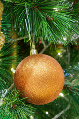Golden glitter bauble decorated on Christmas tree. Spherical decoration are used to festoon artificial Xmas tree.