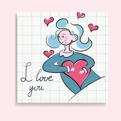 A cute girl with a big heart in her hands. You are my Valentine. Love cards. Drawing, doodle. Vector.