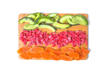 Colorful dried fruits isolated on the white background.