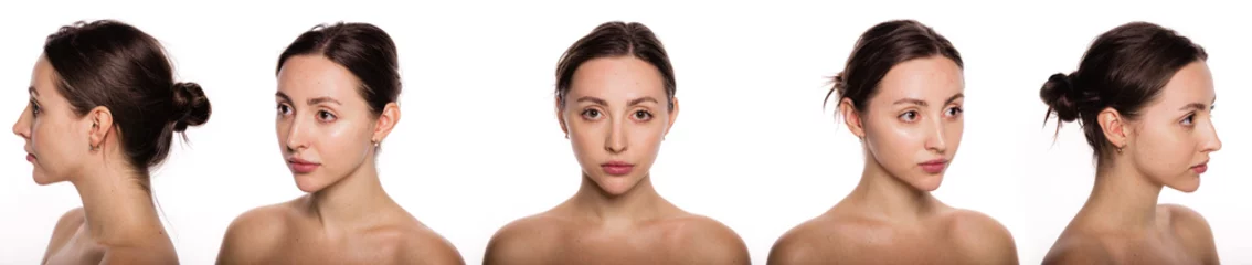 Set of portraits collage. Close-up portrait of young beautiful slim woman with hair tied in knot standing on white background. Different angle view of a face. © oleg_ermak