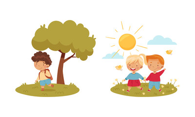 Outdoor seasonal activities set. Cute kids having walking in summer park vector illustration