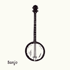 Banjo. Ink black and white doodle drawing in woodcut style with inscription. - obrazy, fototapety, plakaty