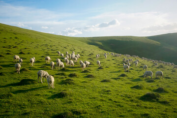 Flock of rams and sheep on a beautiful green meadow at sunset