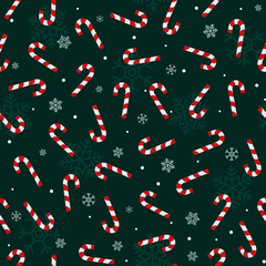 Fototapeta na wymiar Green Christmas seamless pattern with red candy cane and snowflakes
