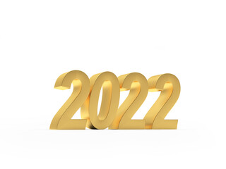 Gold number 2022 on a white background. 3D illustration