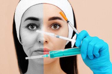 Results before and after cosmetic procedures. Close up portrait of a woman holding three syringes...